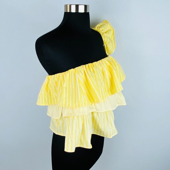 Maeve By Anthropoloigie Top Crop Womans Yellow White Stroped Ruffle One Sleeve S - Picture 3 of 5